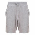 AWDis Just Cool's JC072 features gray drawstring shorts with an elastic waistband and side pockets.