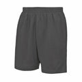 AWDis Just Cool's JC080 gray athletic shorts, featuring an elastic waistband, are displayed against a white background.