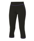 AWDis Just Cool's JC086 features black cropped leggings with purple stitching and a fitted waistband.