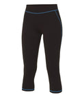AWDis Just Cool's JC086 capri leggings in black, featuring blue stitching details along the seams.