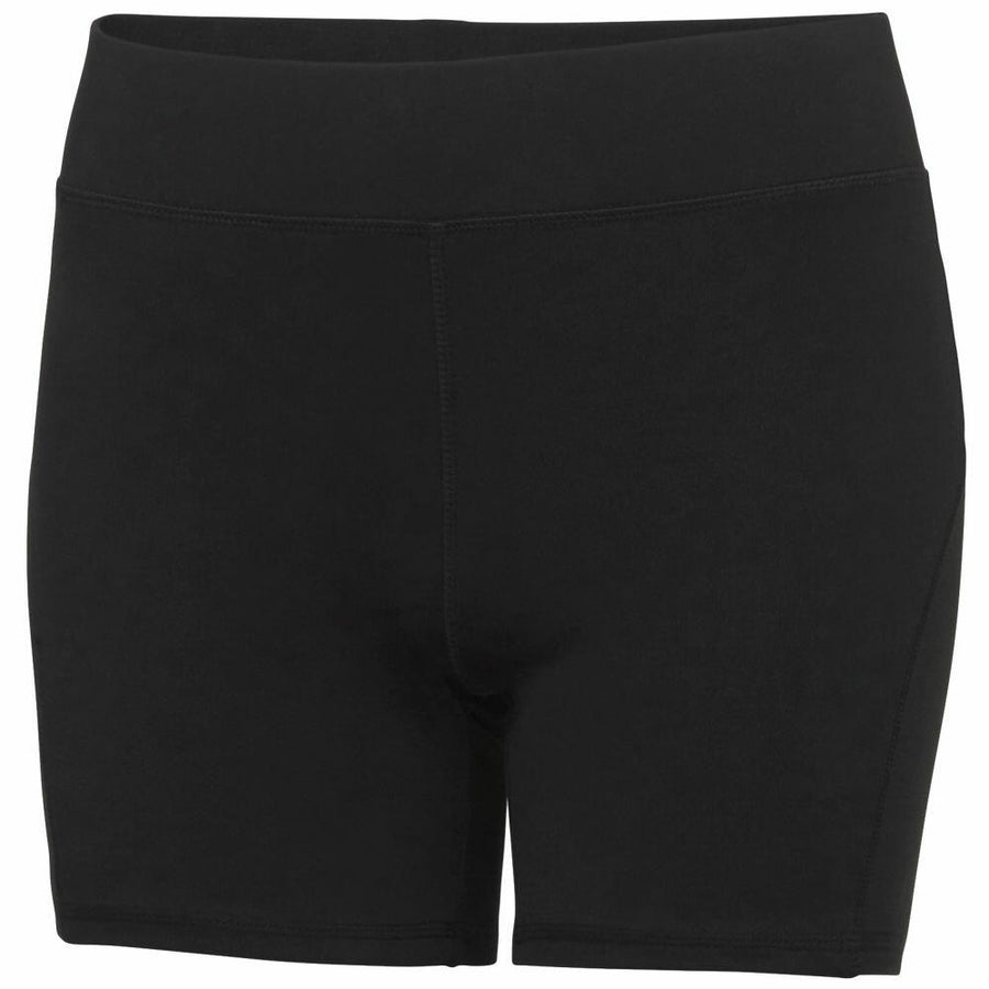 AWDis Just Cool JC088 high-waisted black athletic shorts displayed on a white background.