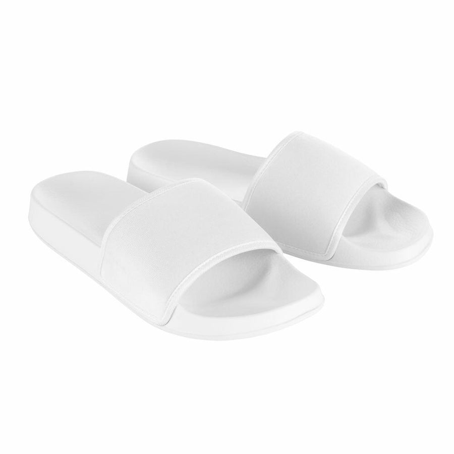 A pair of JC092 slide sandals by AWDis Just Cool featuring a plain white design, open toes, and a thick strap across the top.