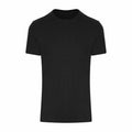 A JC110 plain black t-shirt from AWDis Just Cool is displayed on a white background. The shirt features a classic crew neck and short sleeves, highlighting its simple and minimalist design.