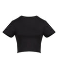 A black, short-sleeve cropped T-shirt is displayed on a white background, front view.