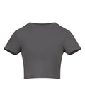 A plain dark grey T-shirt with short sleeves and a round neckline is shown from the back against a white background, featuring a simple, unadorned crop top design.