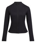 The Jackets product is a fitted, black long-sleeve jacket featuring a high collar and front zip fastening, shown against a plain white background.
