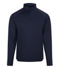 The Sports Over-top is a navy blue long-sleeve jumper featuring a quarter-zip front and stand-up collar. It boasts a clean, simple design with no visible logos or patterns.