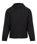 The Trackwear jacket is black with long sleeves, a hood, front zip, side pockets, and elasticated cuffs. It appears on a plain white background with no visible logos or patterns.