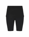 AWDis Just Cool's JC288 features black high-waisted cycling shorts with a smooth finish and knee-length cut, viewed from the front.