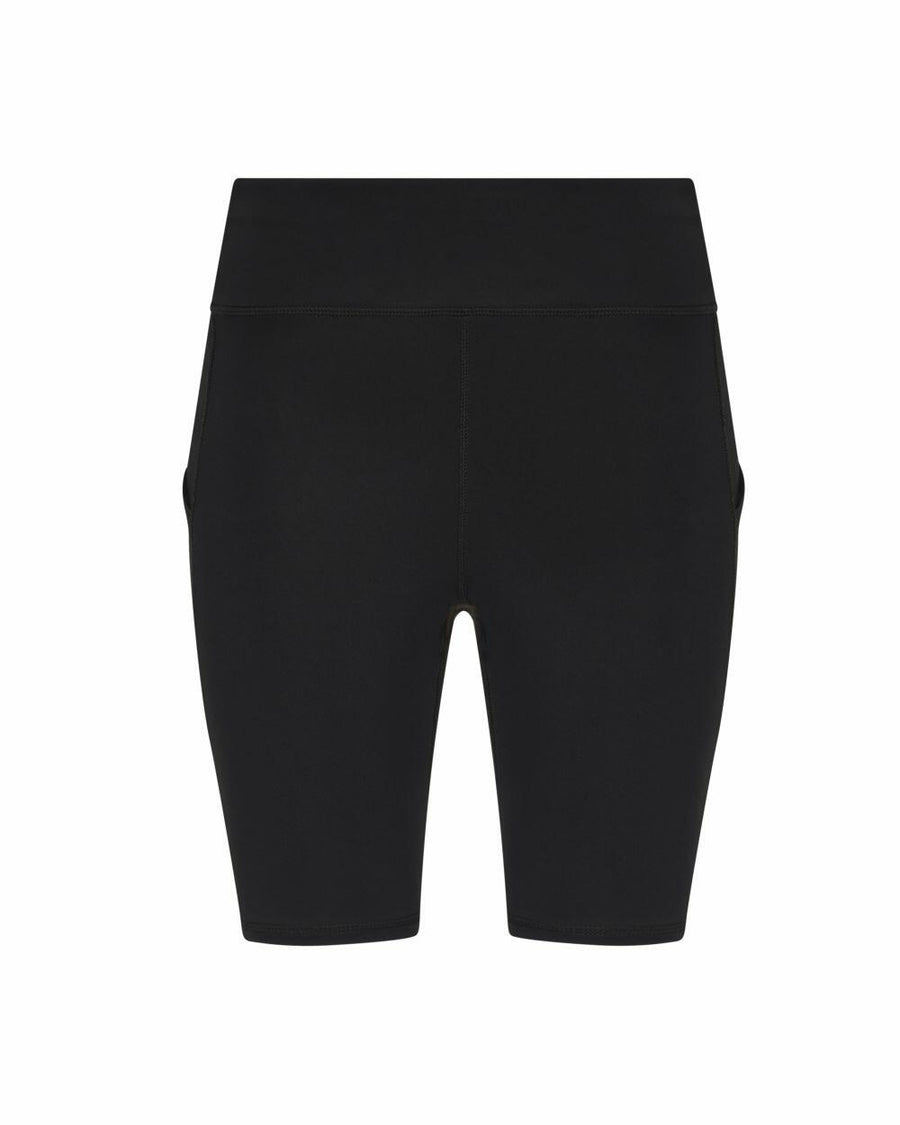 AWDis Just Cool's JC288 features black high-waisted cycling shorts with a smooth finish and knee-length cut, viewed from the front.