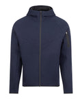 A navy blue hoodie jacket with long sleeves, a front zip, and a zipped pocket on the left upper arm, displayed against a white background.