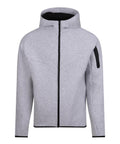A light grey hoodie zip-up jacket with a hood, black zip, long sleeves, and a small black zipped pocket on the left upper sleeve is shown against a plain white background.