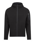 The Hoodies product is a black hooded jacket with a front zip, long sleeves, and a zipped pocket on the upper left arm, shown against a white background.