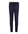Navy blue tracksuit bottoms featuring a drawstring waistband and ribbed cuffs, displayed on a plain white background.
