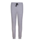 Sweatpants in light grey, featuring an elasticated waistband, black drawstring, and ribbed cuffs, shown against a white background.