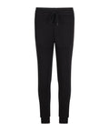 A pair of joggers in plain black, featuring an elasticated waistband, drawstring, and ribbed cuffs, shown against a white background.