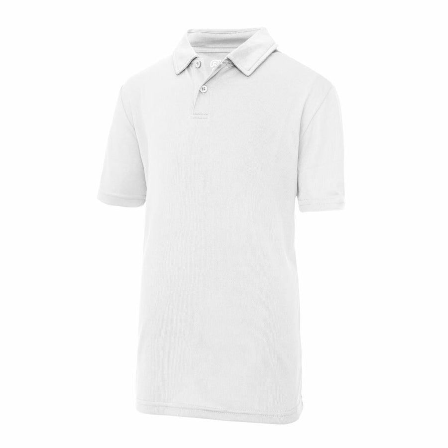 A front view of the JC40J, a plain white polo shirt with short sleeves and a collar, from AWDis Just Cool.
