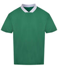 The Sports Overtops is a plain, short-sleeved green t-shirt featuring a white collar, shown against a white background.