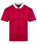 The Sports Overtops is a short-sleeved red jersey with a subtle geometric triangle pattern and a white V-neck collar, shown against a plain white background.