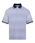 The Sports Overtops is a short-sleeve polo with a pale blue and white geometric pattern, navy collar, and matching navy-striped sleeve trim, shown on a plain white background.