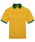 The Sports Overtops is a short-sleeved yellow polo shirt featuring a dark green collar and dark green sleeve trim, displayed on a white background.