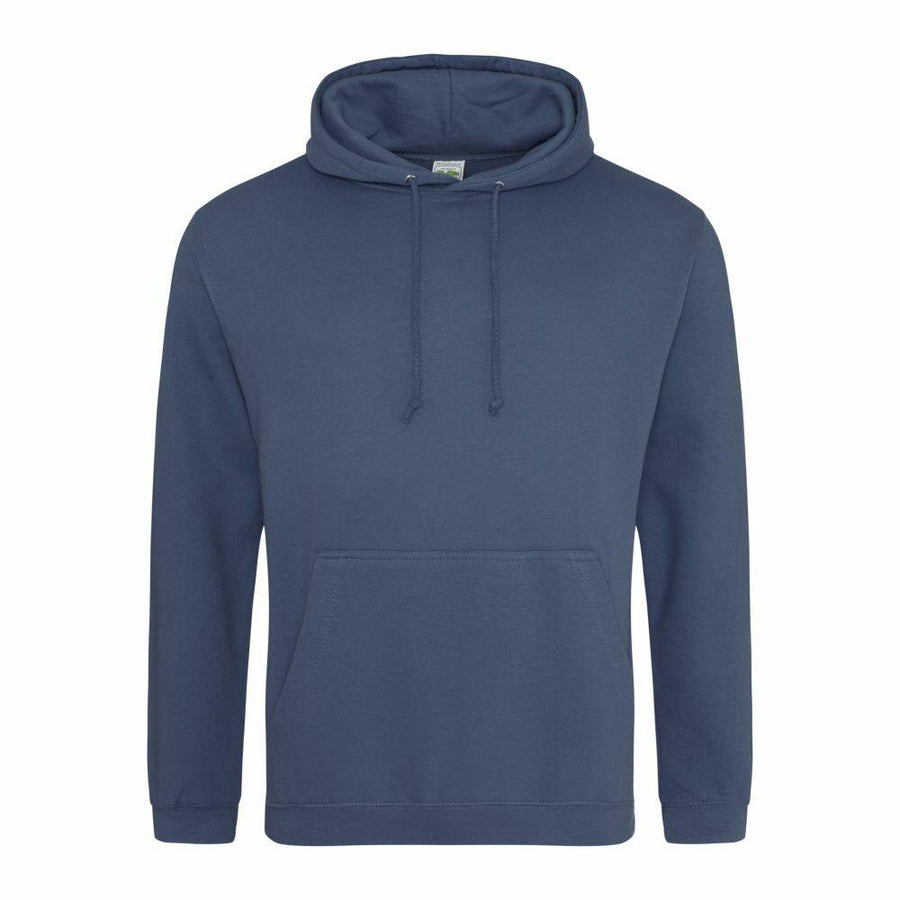 An AWDis Just Hoods JH001, featuring a plain blue design with a front pocket and drawstrings.