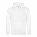 The JH001 by AWDis Just Hoods is a plain white hoodie featuring long sleeves and a front kangaroo pocket. It comes with two drawstrings on the hood, and the fabric has a soft and comfortable feel. The design is clean and minimalistic.