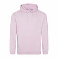 The JH001 hoodie by AWDis Just Hoods features a light pink color, a front pocket, and drawstrings. It is displayed on a plain white background, highlighting its simple and casual design.
