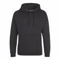 The AWDis Just Hoods JH001, a plain black hoodie featuring a front pocket and drawstrings, is showcased against a white background.