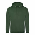 The AWDis Just Hoods JH001 is a plain green hoodie featuring a front pocket and drawstring hood, displayed against a white background. This long-sleeved pullover design is simple and casual.