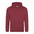 A maroon JH001 hoodie from AWDis Just Hoods is shown against a plain white background. This stylish piece features long sleeves, a front pocket, a drawstring hood, and appears to be crafted from soft fabric.