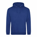 A blue JH001 hoodie by AWDis Just Hoods, featuring a front pocket and drawstring hood, is displayed against a white background.