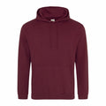 A plain maroon hoodie called JH001 from AWDis Just Hoods features a front pocket and a drawstring hood. It is showcased against a white background, emphasizing its straightforward design and solid color.