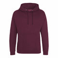 A maroon AWDis Just Hoods JH001 sweatshirt, featuring a front pocket and drawstrings, is displayed against a plain white background.
