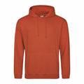An AWDis Just Hoods JH001 hoodie in a solid rust color, featuring a front pocket and drawstrings, showcased on a simple white background.