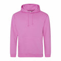A vibrant pink JH001 hoodie by AWDis Just Hoods is showcased on a simple white background, featuring a front pocket and drawstring hood. The fabric looks exceptionally soft and comfortable, making it perfect for casual wear.