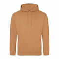 A tan AWDis Just Hoods JH001 hoodie with a front pocket and drawstring hood, showcased on a plain white background. It features long sleeves and a simple, casual design.