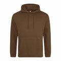 AWDis Just Hoods JH001 brown sweatshirt with a hood, long sleeves, and a front pocket is showcased against a plain white background.