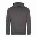 An AWDis Just Hoods JH001 hoodie, featuring a plain dark gray design with a front pocket and a drawstring hood, is displayed against a white background.