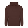A plain dark brown AWDis Just Hoods JH001 hoodie with a front pocket and adjustable drawstrings, displayed against a white background.