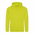 The JH001 hoodie by AWDis Just Hoods, featuring a vibrant lime green shade, a front pocket, and drawstrings, is showcased against a plain white background.