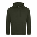 The JH001 by AWDis Just Hoods is a plain dark green hoodie featuring a front pouch pocket and adjustable drawstrings. It is displayed against a white background, highlighting its simple and casual design.