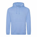 A JH001 hoodie by AWDis Just Hoods, featuring a plain light blue color with a front pocket and drawstring hood, displayed against a white background.