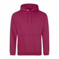 An AWDis Just Hoods JH001 burgundy hoodie featuring a front pocket and drawstrings.