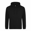 The product, JH001 by AWDis Just Hoods, is a plain black hoodie featuring a drawstring hood and a front kangaroo pocket, showcased against a white background.