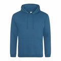 Introducing the AWDis Just Hoods JH001: a stylish plain teal hoodie featuring a front pocket and drawstring hood, beautifully displayed on a white background.