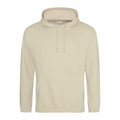 An AWDis Just Hoods JH001 hoodie in plain beige, featuring a front pocket and drawstring hood, displayed on a white background.