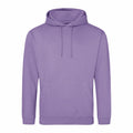 A JH001 plain purple hoodie by AWDis Just Hoods, featuring a front pocket and drawstring hood, laid flat against a white background.