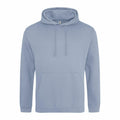 A product display features the JH001 by AWDis Just Hoods, showcasing a light blue hoodie with a front pocket and drawstring hood against a white background. The hoodie exhibits a simple design and appears to be made from soft fabric.