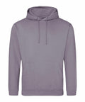 The JH001 by AWDis Just Hoods is a simple gray hoodie featuring a front pocket and drawstrings at the hood, showcased against a white background.